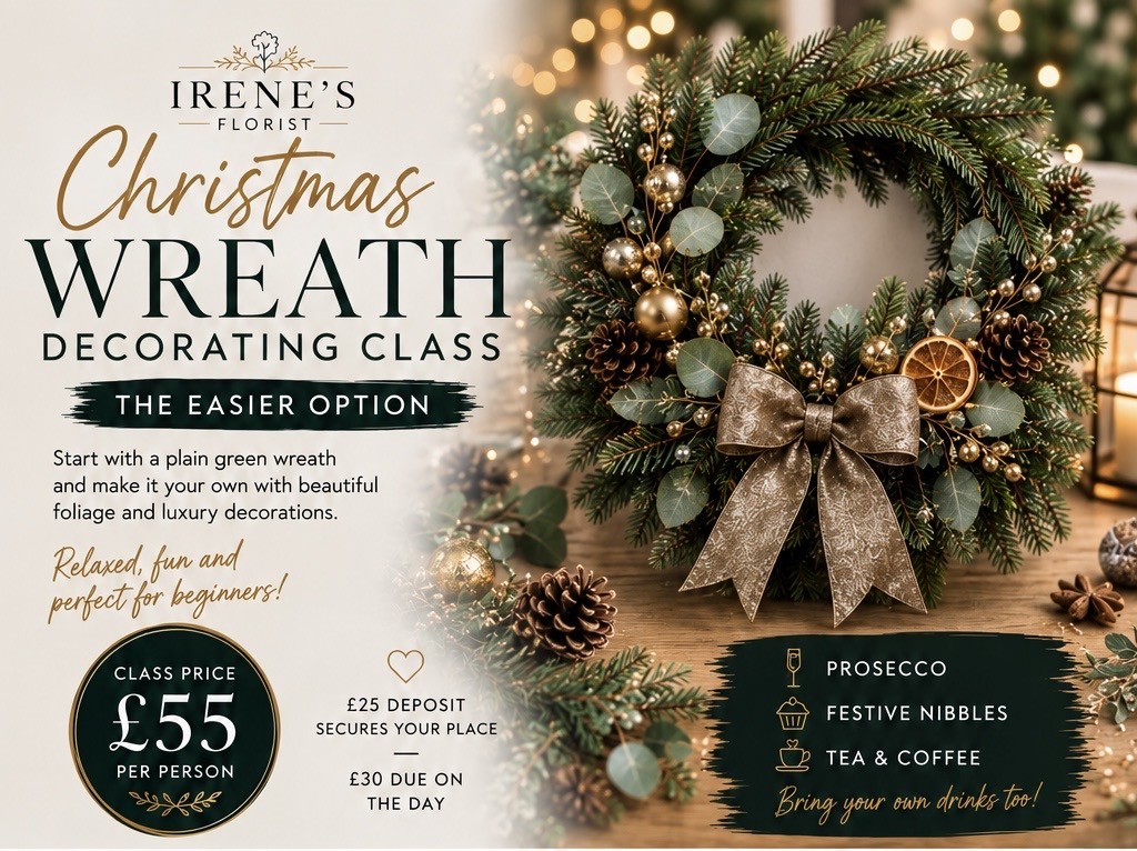 Wreath Making Class Easier Class Starting with a plain green wreath - Sunday 29th November 12.30pm
